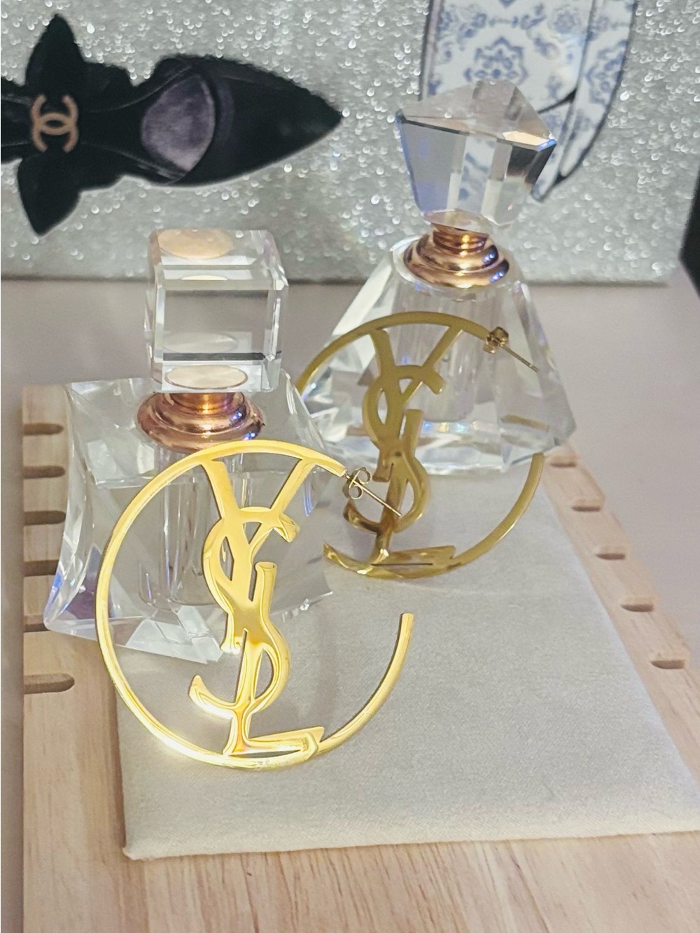 Gold filled Monogram Hoop Earrings - Designer-Inspired Home Accent Display